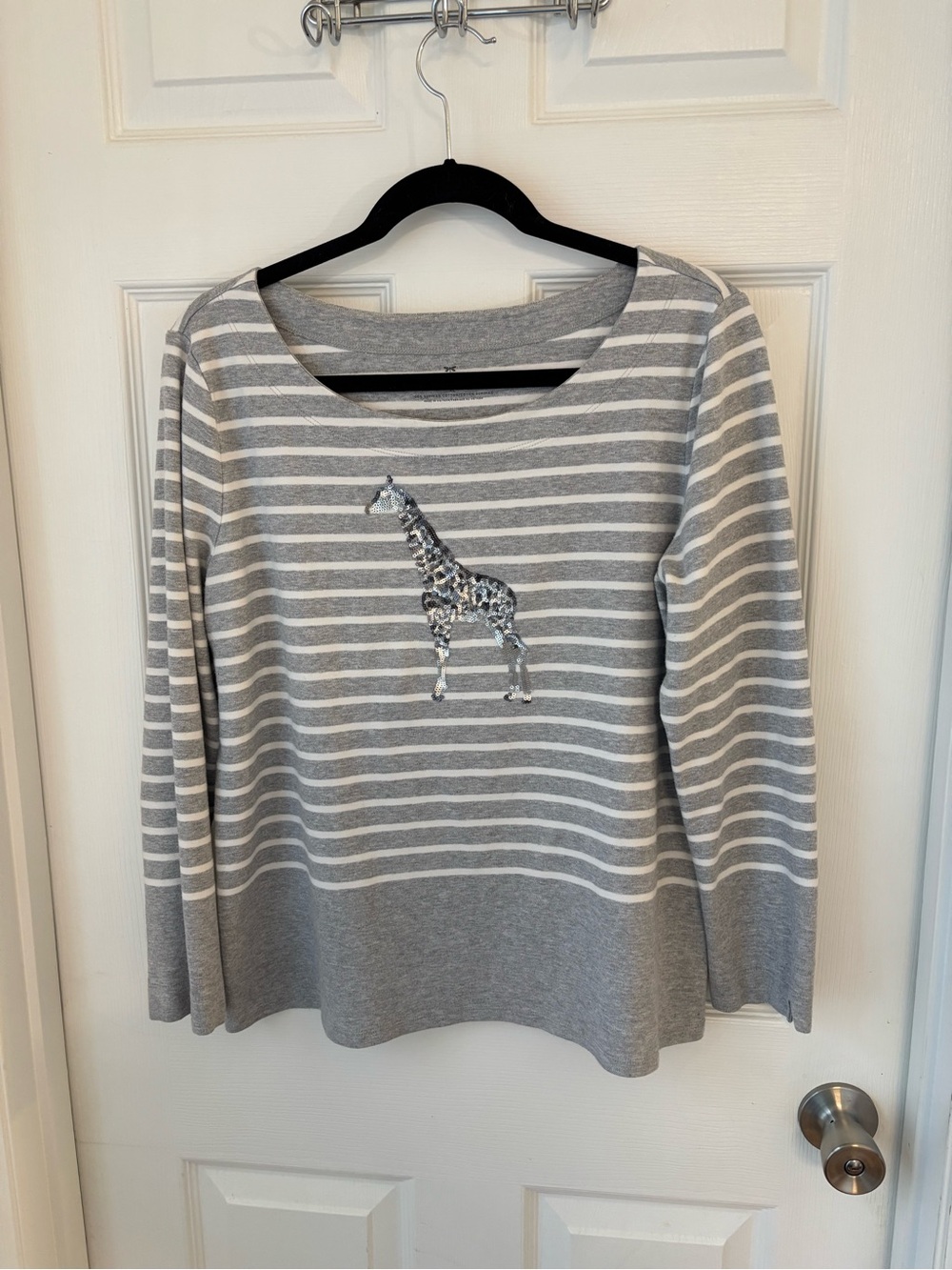 Talbots Gray and White Striped Crewneck Sweater with Sequin Giraffe